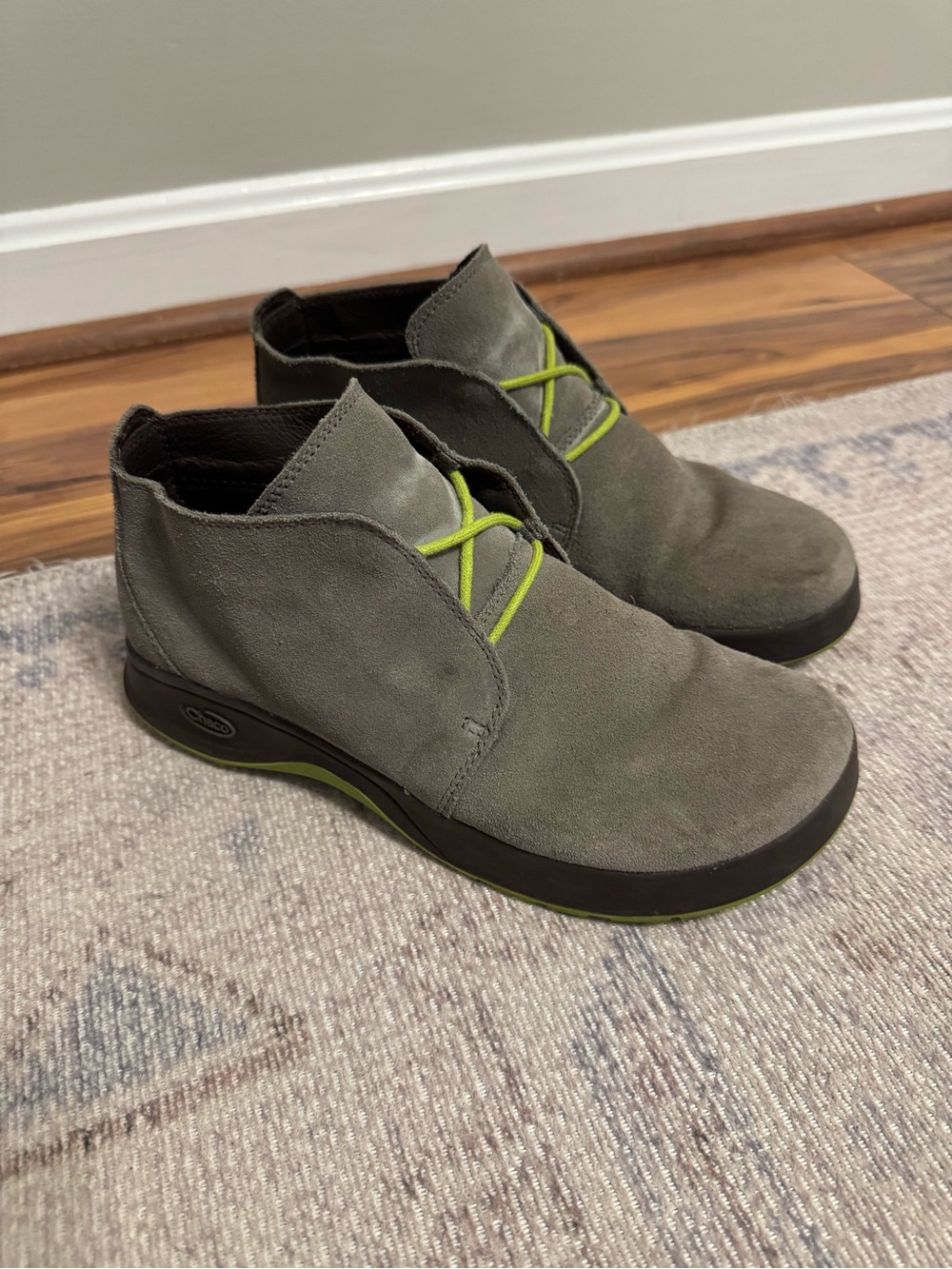 Chaco Kids Gray Suede Ankle Boots with Lime Accents
